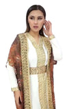 turkish abaya 3 piece set includes inner abaya in cream, duster overlay in chiffon, and a belt