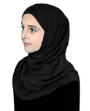 Pre-teen girl's 2 piece cotton amira hijab includes the tube undercap and a pull on hood in black