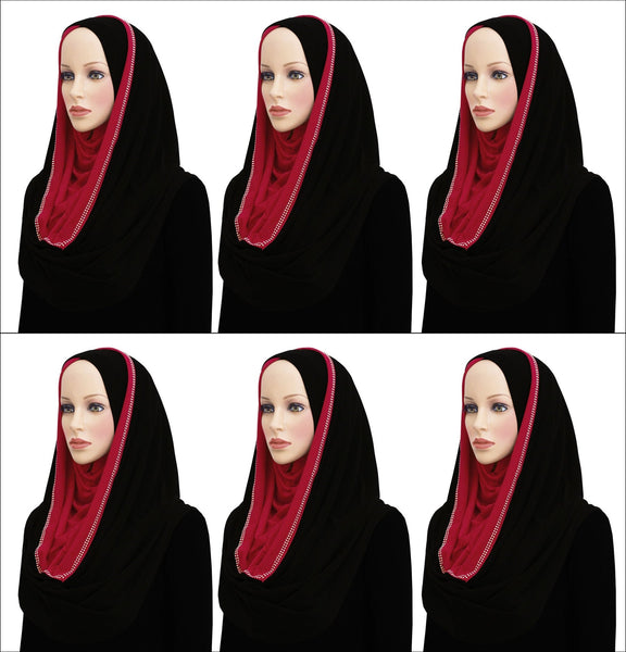 Wholesale Set of 6  Jersey Hoodie Hijab 2-Tone Easy Instant Criss Cross Headscarf one color