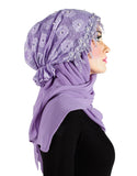 profile picture of lace cap over a lilac square chiffon scarf for a feminine romantic look