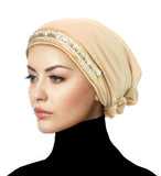 Beige with gold sequins Women's Large Luxor Khatib Lycra Snood Hijab Cap 