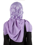 back view of chiffon scarf hijab with lace hijab cap in lilac light purple