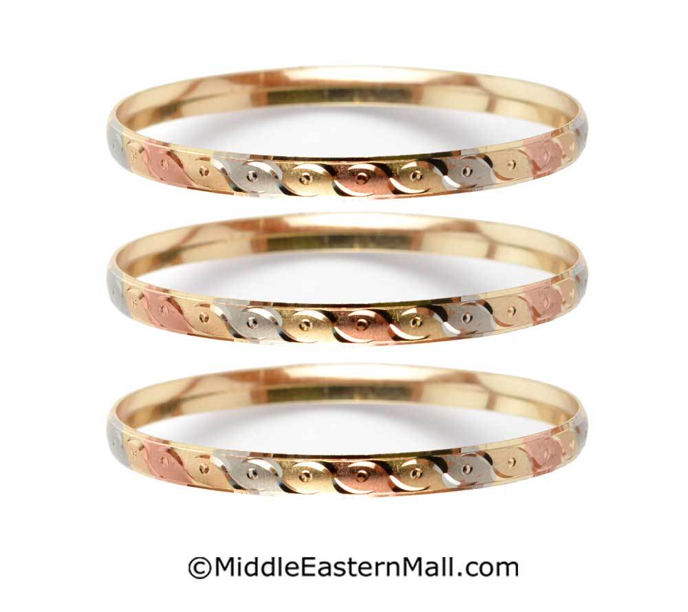 Exclusive Tri-Color Scalloped Old English 8mm Hawaiian Bangle in 14K  Yellow, Green & Pink Gold