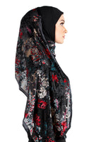 Andalusia design on black stylish mona kuwaiti hijab wrap with black satin trim