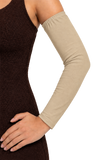 Beige color Adult arm sleeve covers with upper arm elastic and hemmed at the wrist