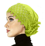 Hijab UnderCaps Elegant Ruffles, Lace & Rhinestone Snood Beanie