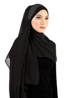 Korean Chiffon Hijab Wrap Headscarf in black with charcoal gray stripe accent on the forehead has sashes that tie back behind the head to secure the hijab
