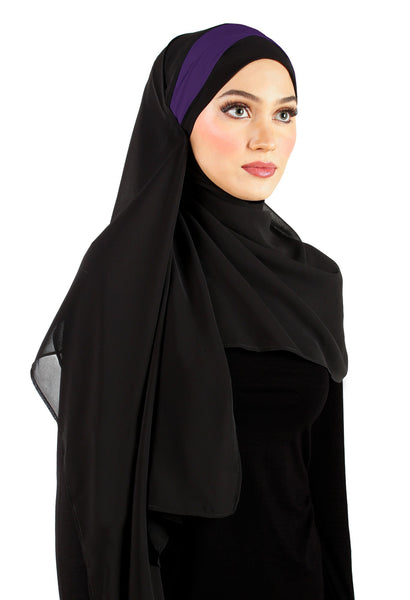 Chiffon Wrap Hijab with caplet and sashes that tie back to secure hijab black with purple accent on the caplet