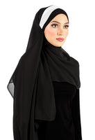 black chiffon headscarf with white accent stripe on the caplet which has 2 sashes to tie back behind the head
