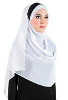 white chiffon wrap hijab with black accent caplet stripe ties back to secure the hijab