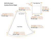 Measurements of 3 girl's amira hijabs 2 piece set with undercap and hood in girl's small, medium and large sizes