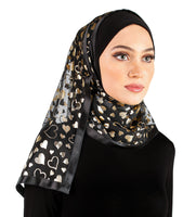 large gold hearts black stylish mona kuwaiti hijab wrap with satin trim