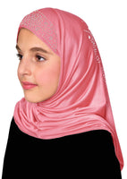 rose pink kids hijab head scarf with rhinestones fashion for Eid