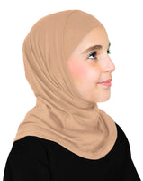 beige color muslim kid's hijab cotton pull-on instant headscarf for islamic modest hair cover easy to wear for school and sports