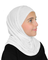 muslim girl's white hijab amira 2 piece headscarf for school includes a tube underscarf cap and a pull on hood in soft light-weight cotton