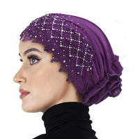 Hijab UnderCaps Elegant Ruffles, Lace & Rhinestone Snood Beanie