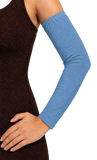 sky blue Adult arm sleeve covers with upper arm elastic and hemmed at the wrist
