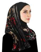 Andalusia Floral Stylish Mona Kuwaiti Hijab black lycra hood with wrap around chiffon shawl trimmed in black satin ribbon