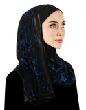 Navy Blue Velvet floral Stylish Mona Kuwaiti Hijab black lycra hood with wrap around chiffon shawl trimmed in black satin ribbon