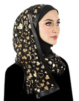 Double Golden Hearts Stylish Mona Kuwaiti Hijab black lycra hood with wrap around chiffon shawl trimmed in black satin ribbon