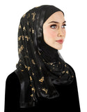 Golden Butterflies Stylish Mona Kuwaiti Hijab black lycra hood with wrap around chiffon shawl trimmed in black satin ribbon