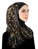 Golden Nexus  design Stylish Mona Kuwaiti Hijab black lycra hood with wrap around chiffon shawl trimmed in black satin ribbon