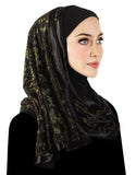 Olive Green Velvet Floral Stylish Mona Kuwaiti Hijab black lycra hood with wrap around chiffon shawl trimmed in black satin ribbon