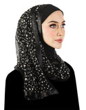 Silver Polkadots Stylish Mona Kuwaiti Hijab black lycra hood with wrap around chiffon shawl trimmed in black satin ribbon