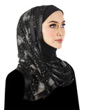 Silver Feather design Stylish Mona Kuwaiti Hijab black lycra hood with wrap around chiffon shawl trimmed in black satin ribbon