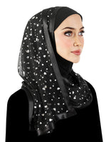Silver Heart design Stylish Mona Kuwaiti Hijab black lycra hood with wrap around chiffon shawl trimmed in black satin ribbon