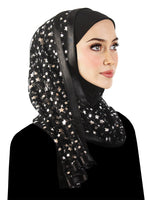 Silver Star design Stylish Mona Kuwaiti Hijab black lycra hood with wrap around chiffon shawl trimmed in black satin ribbon