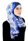 royal blue & violet flowers on white stylish mona kuwaiti hijab with wrap shawl
