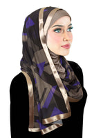 stylish mona kuwaiti hijab with wrap shawl beige, tan, charcoal gray and indigo blue geometric design