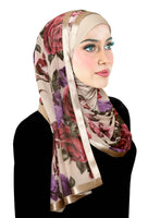 stylish mona kuwaiti hijab with wrap shawl roses on beige