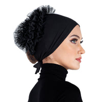 Hijab Undercap Volumizer Bonnet with ties & Tulle Flower