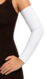 white color Adult arm sleeve covers with upper arm elastic and hemmed at the wrist