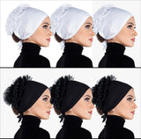 Wholesale Set of 6  Hijab Undercap Volumizer Bonnet with ties & Tulle Flower 3 White & 3 Black