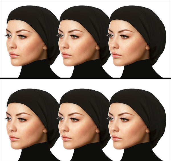MEDIUM SIZE  set of 6 ALL BLACK Cotton Snood LARGE Khatib Under-scarf Hijab Caps