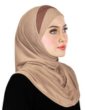 muslim woman veil hair cover for modesty cotton 1 piece amira hijab headscarf in beige with tan stripe