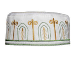 Men's Kufi with embroidery  green and gold botanicals and arches
