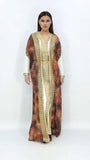 ottoman abaya for women cream & brown with golden accents and glass crystal rhinestones