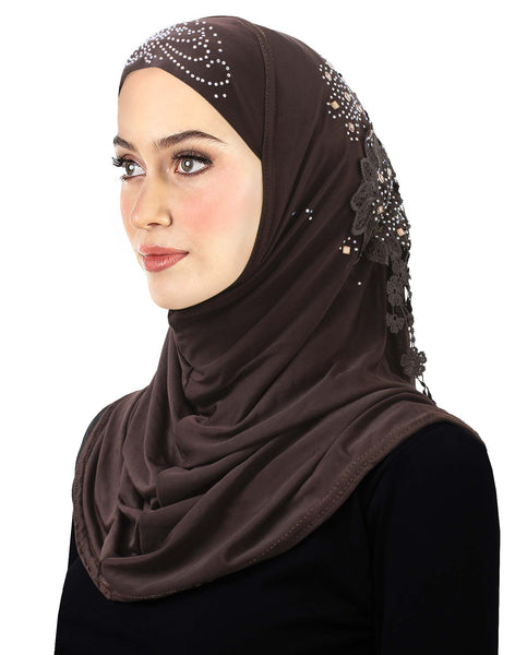 Amour Amira Hijab Women's Headscarf with Lace & Rhinestones Dark brown  CLEARANCE