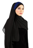Chiffon Wrap Hijab with caplet and sashes that tie back to secure hijab black with blue accent on the caplet