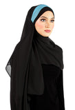 sky blue accent stripe on the black chiffon wrap with 2 sashes that tie back behind the head to secure the hijab