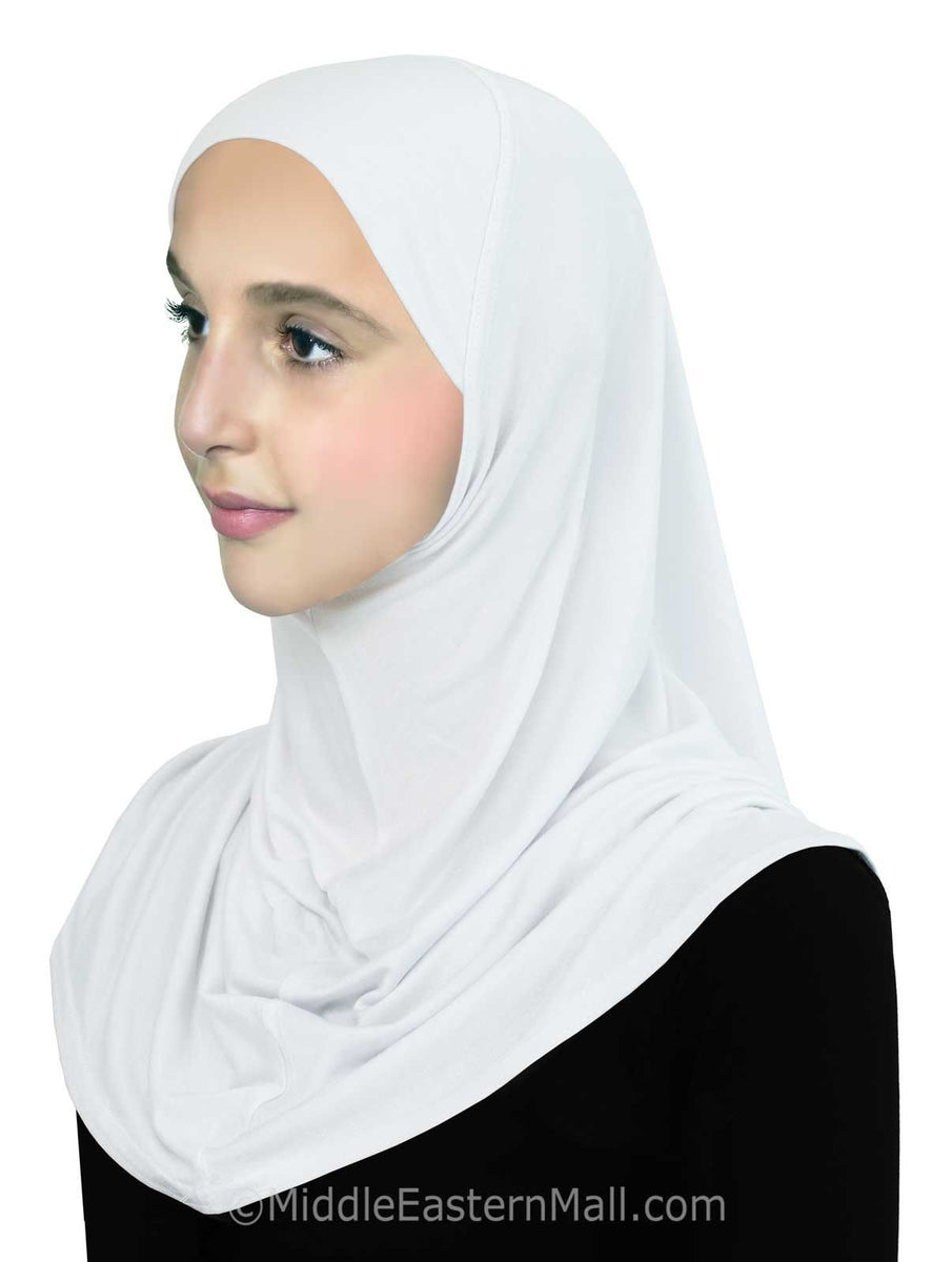 School Pre-teen Girl's Cotton 1 piece Hijab ALL WHITE pull on School u ...