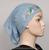 blue Hijab Cap Cotton with Embroidery