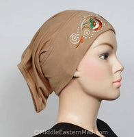 tan Hijab Cap Cotton with Embroidery