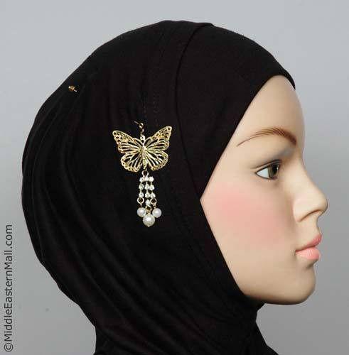 Middle Eastern Mall Butterfly Hijab Pin #6 in Gold Tone & Pearly Beads