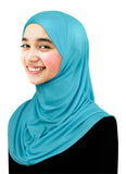 young ladies 1 piece amira hijab lycra easy pull on headscarf in turquoise