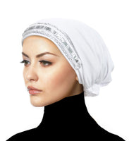 white with silver sequins Women's Large Luxor Khatib Lycra Snood Hijab Cap 